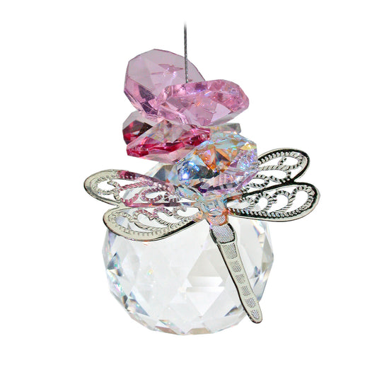 Filigree dragonfly crystal pink cluster suncatcher on sphere