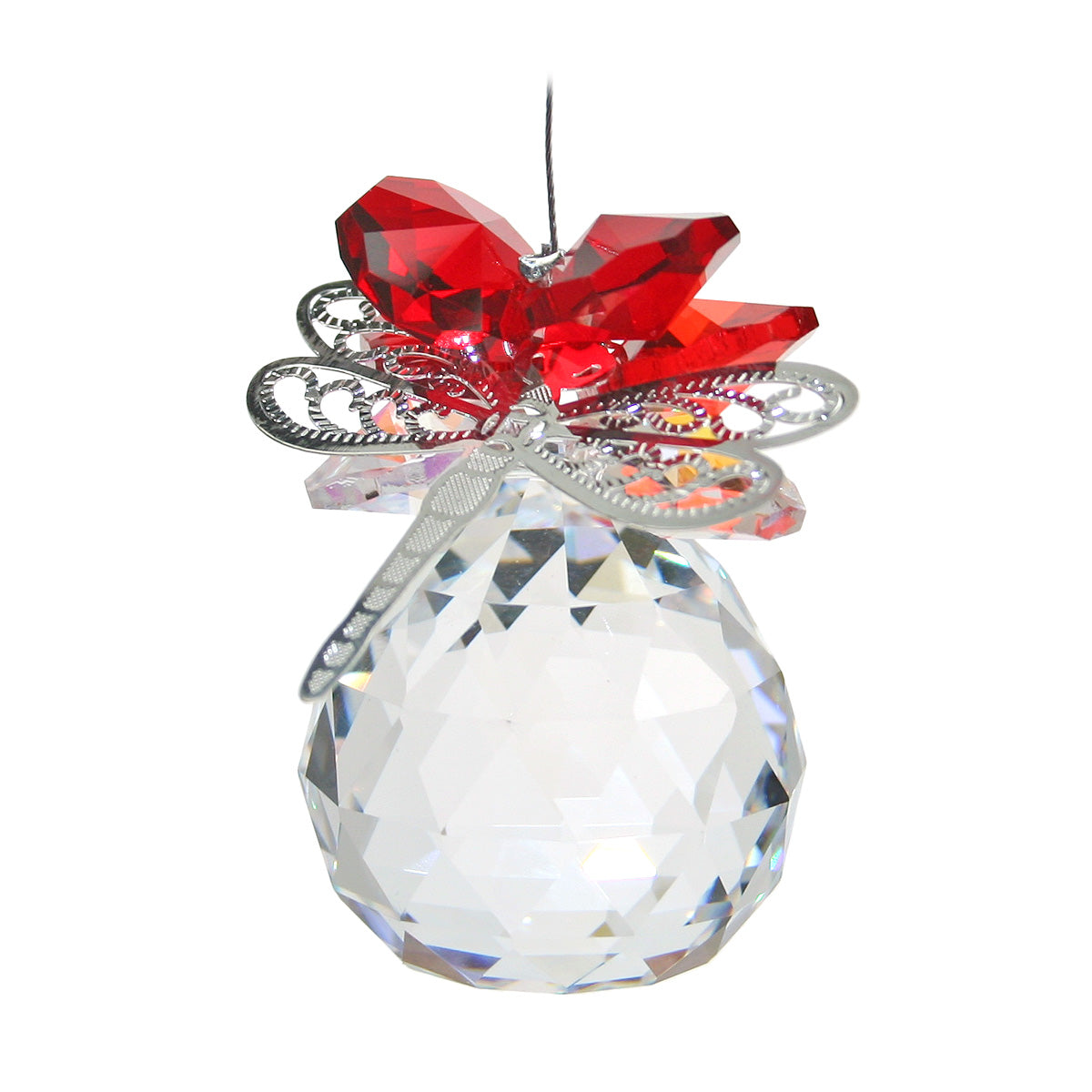 Filigree dragonfly crystal red cluster suncatcher on sphere