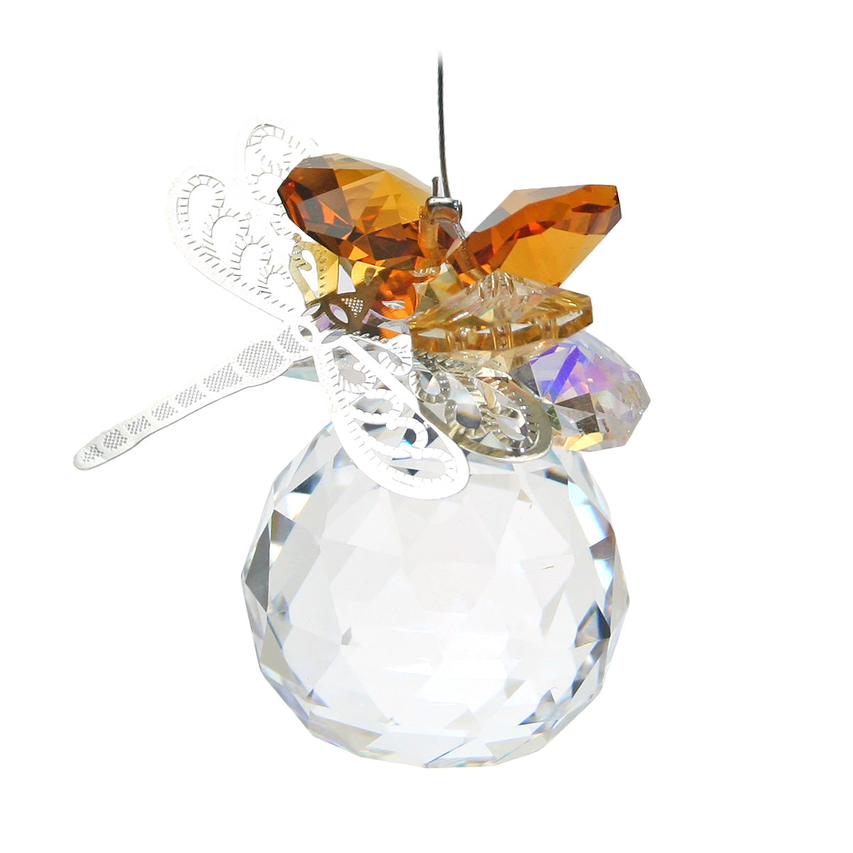 Filigree dragonfly crystal topaz cluster suncatcher on sphere