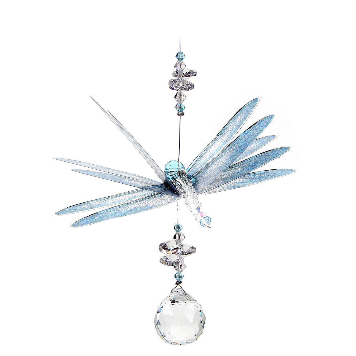Blue dragonfly crystal suncatcher with sphere drop