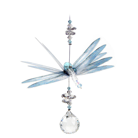 Blue dragonfly crystal suncatcher with sphere drop