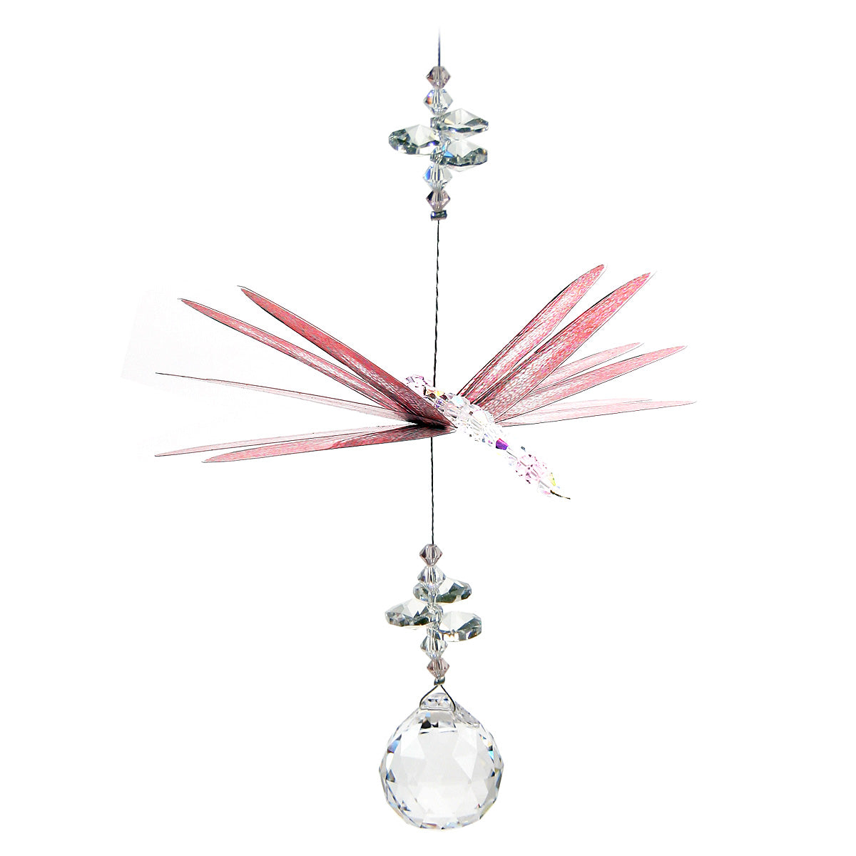 Pink dragonfly crystal suncatcher with sphere drop