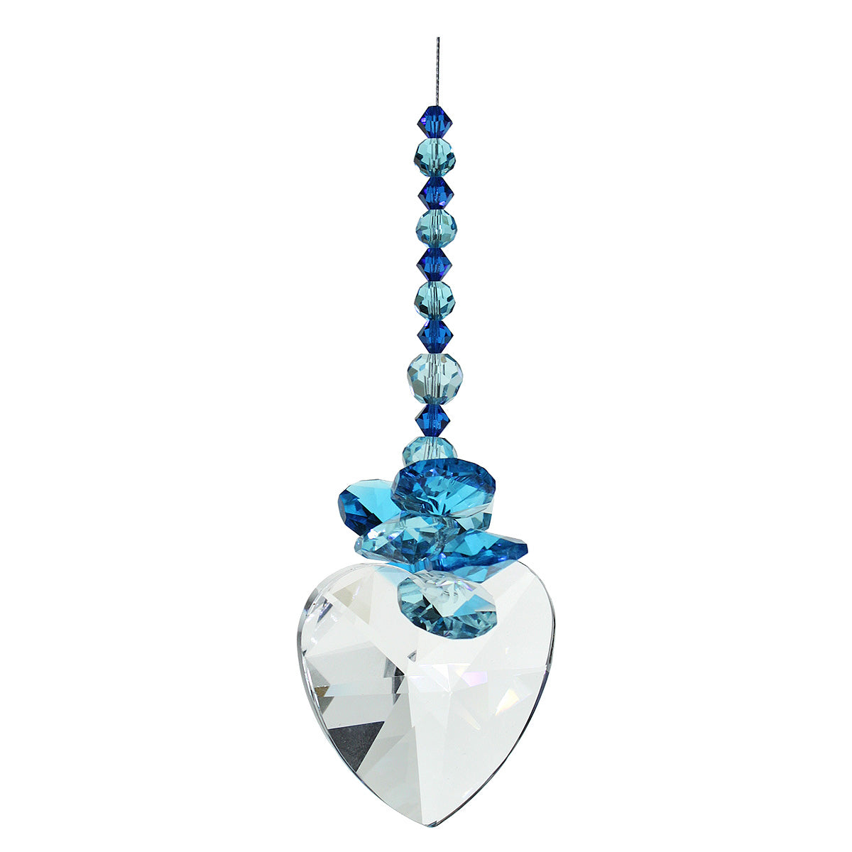Aqua blue beaded cluster crystal suncatcher on 40mm heart drop