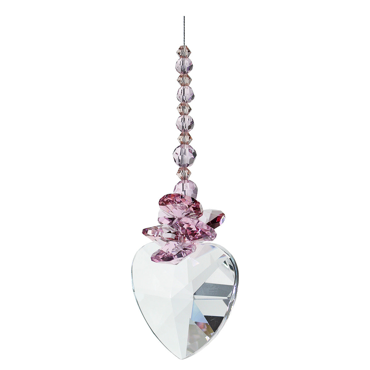 Pink beaded cluster crystal suncatcher on 40mm heart drop