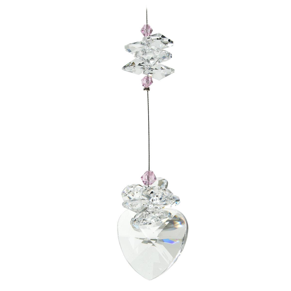 Pink cluster cascade crystal prism suncatcher on 40mm heart drop