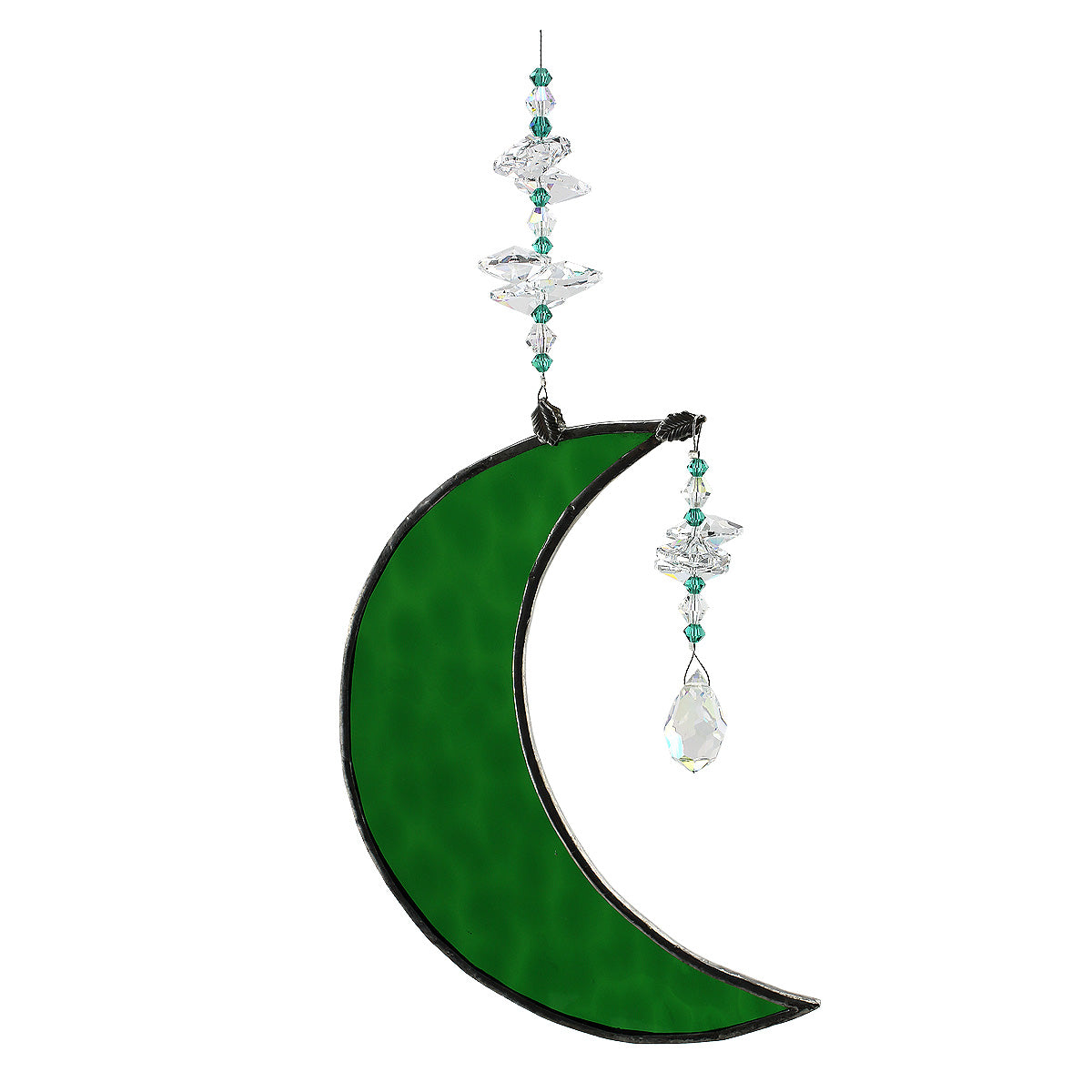Green moon-shaped leadlight piece with crystals suncatcher