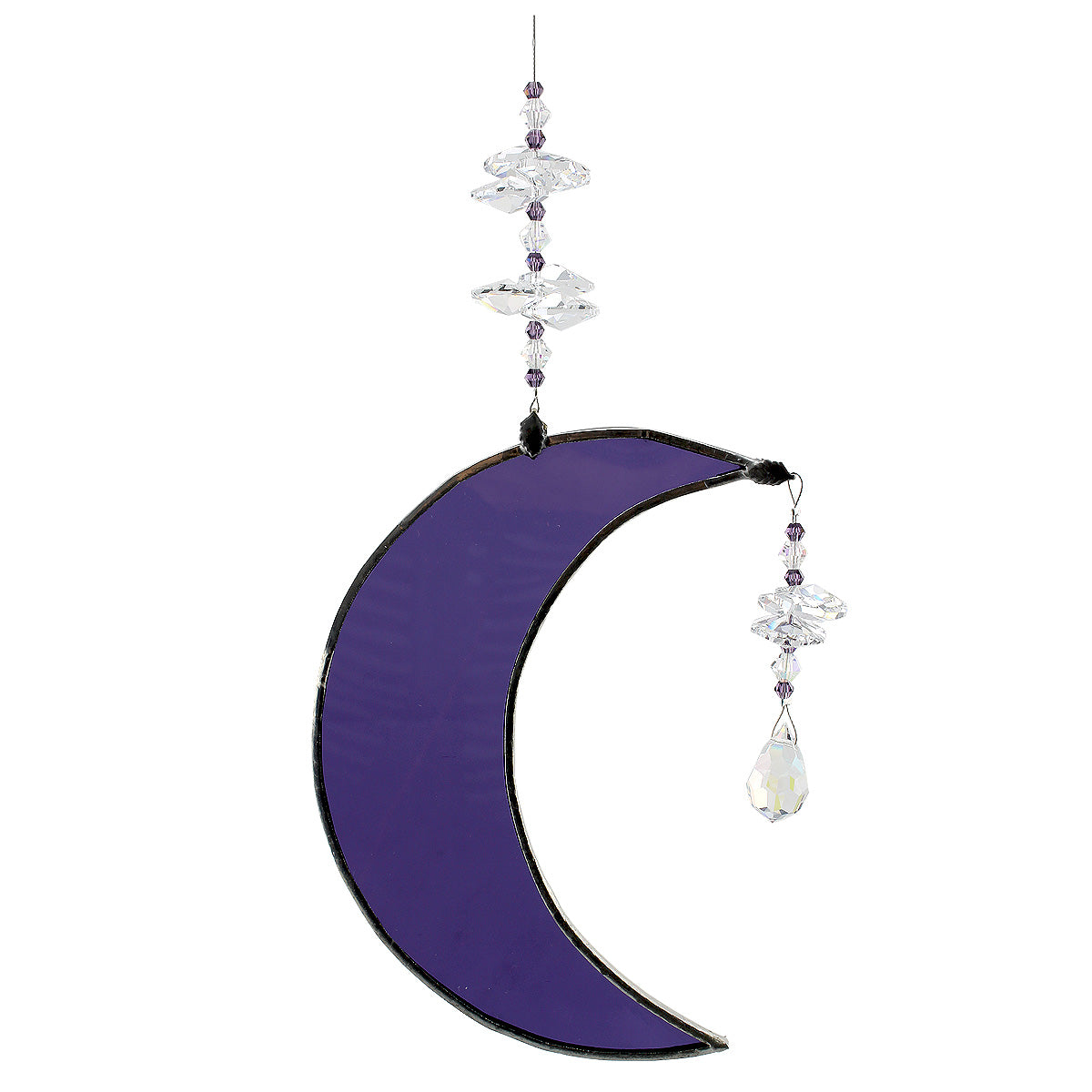 Purple moon-shaped leadlight piece with crystals suncatcher