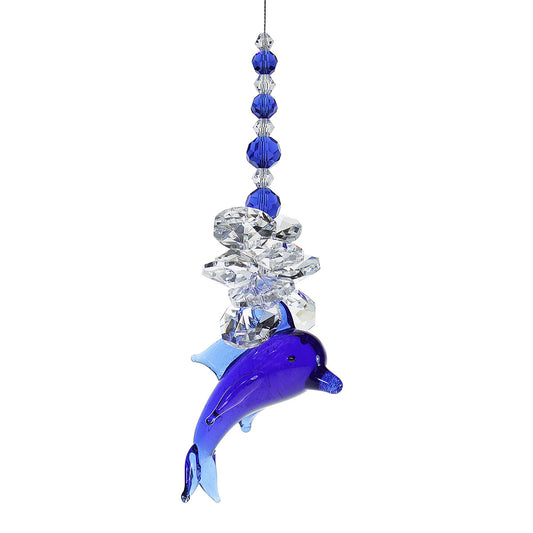 Blue beaded crystal cluster suncatcher with blue crystal glass dolphin