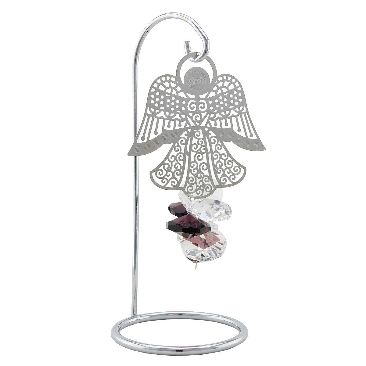Filigree angel and amethyst crystal suncatcher on a stand