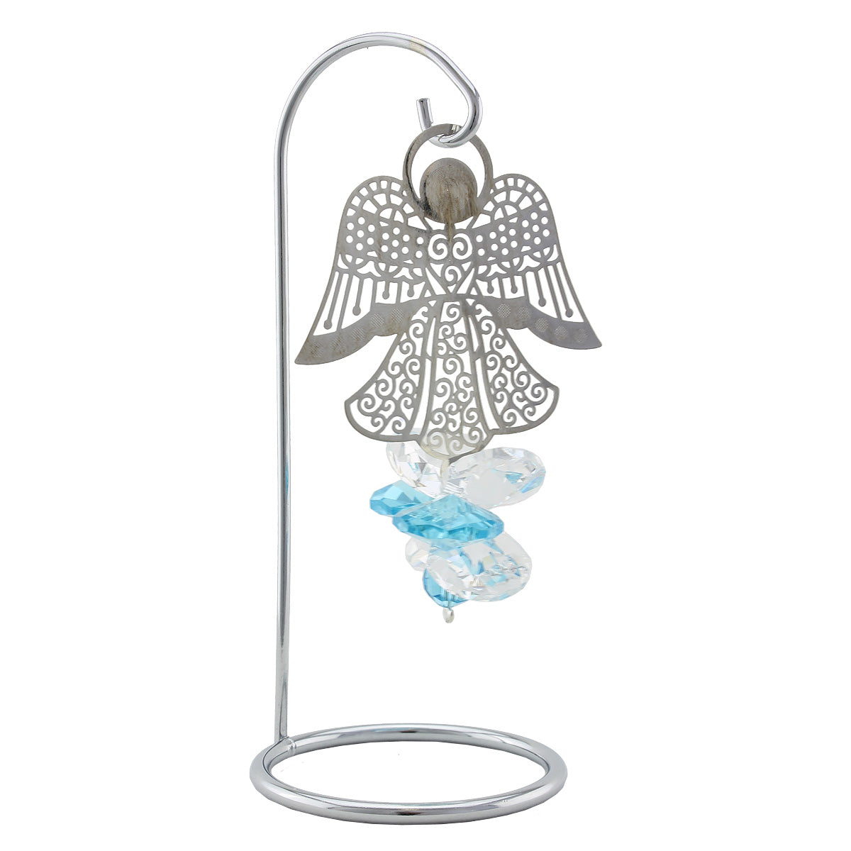 Filigree angel and aqua blue crystal suncatcher on a stand