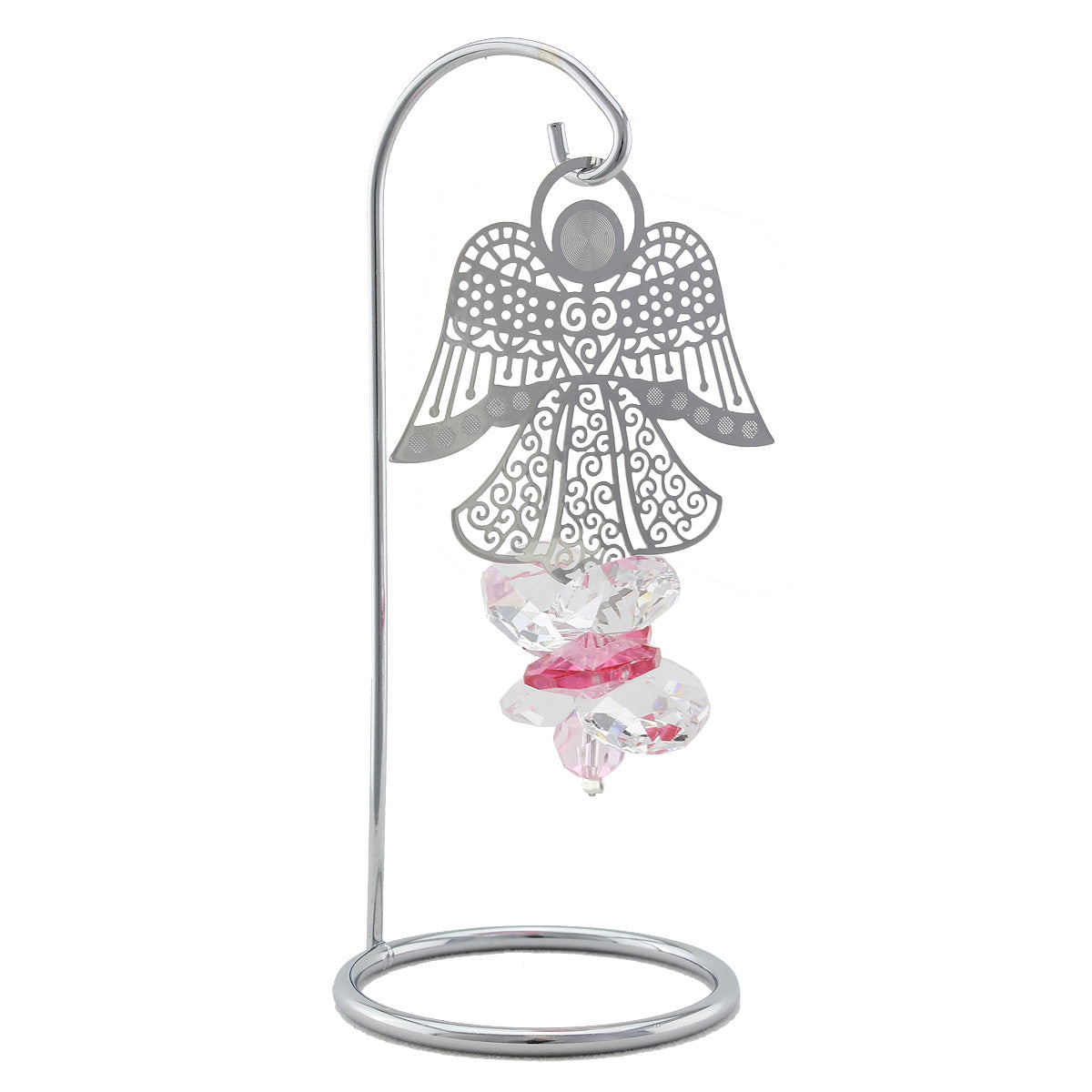 Filigree angel and pink crystal suncatcher on a stand