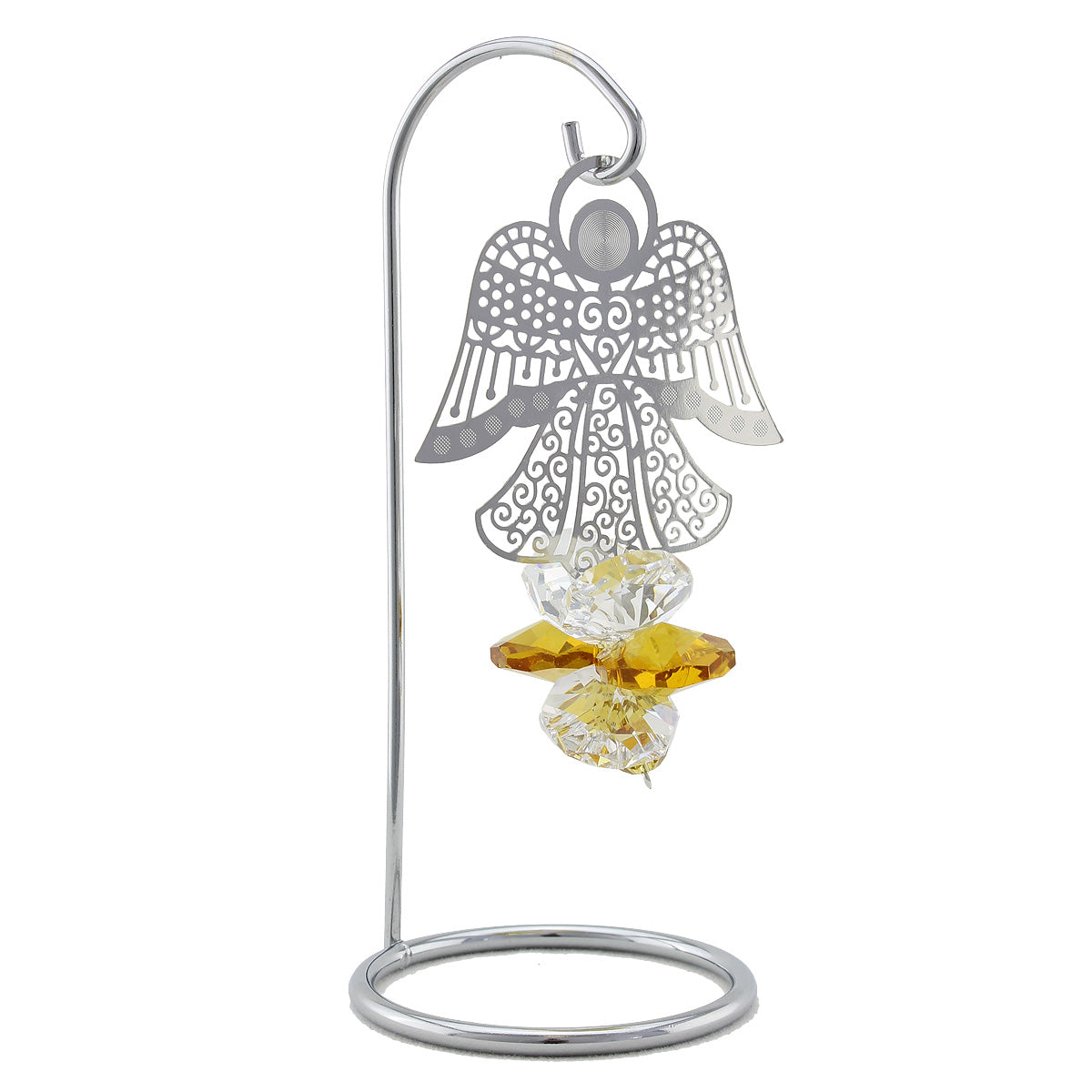 Filigree angel and topaz crystal suncatcher on a stand