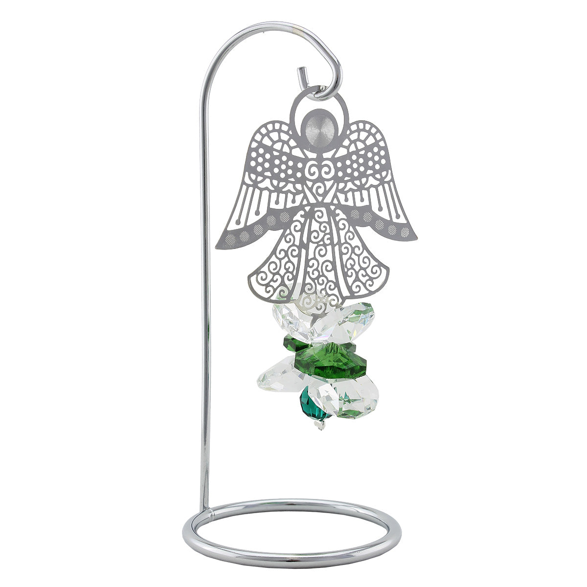 Filigree angel and green crystal suncatcher on a stand