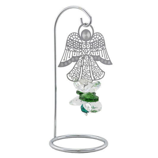 Filigree angel and green crystal suncatcher on a stand