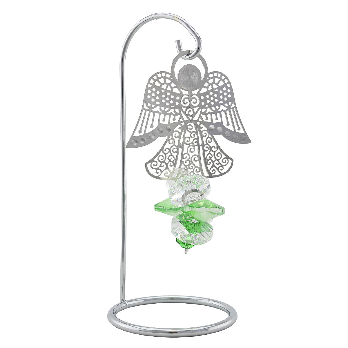 Filigree angel and peridot green crystal suncatcher on a stand