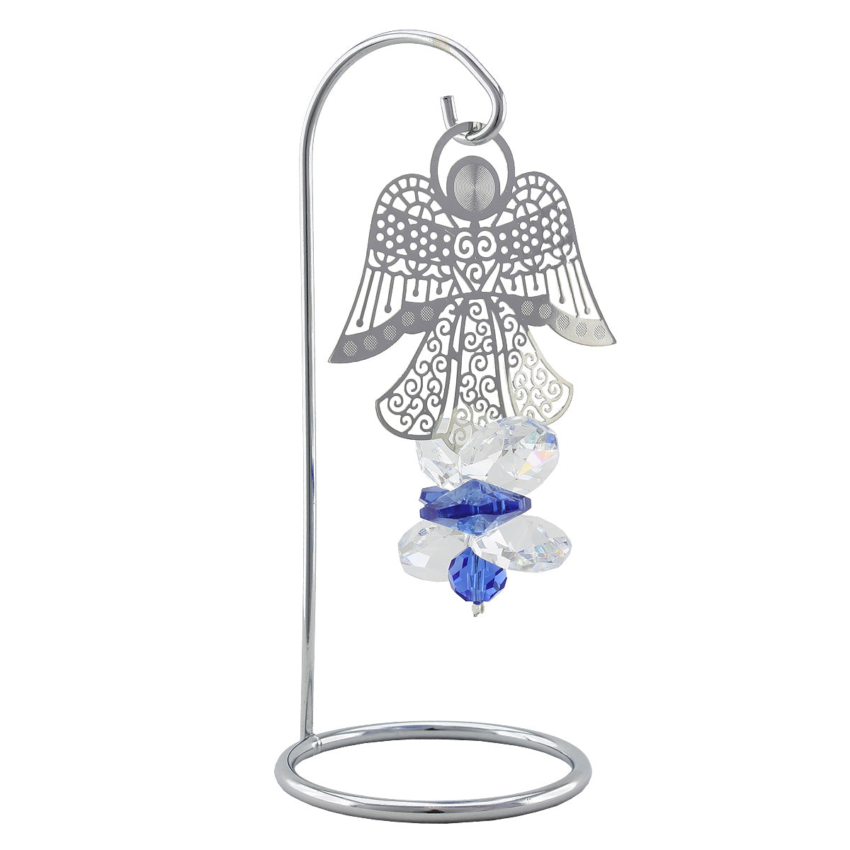 Filigree angel and sapphire blue crystal suncatcher on a stand