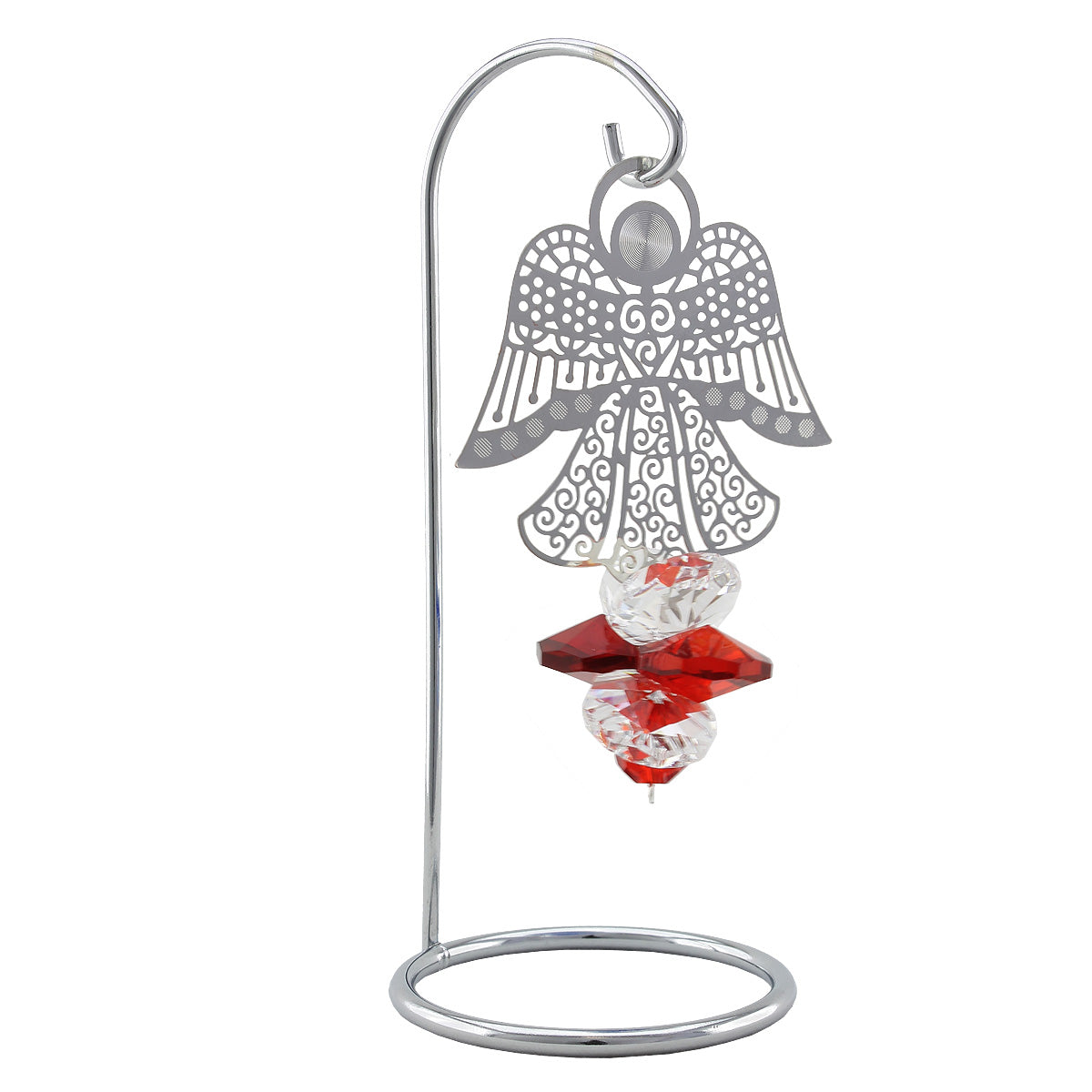 Filigree angel and red crystal suncatcher on a stand