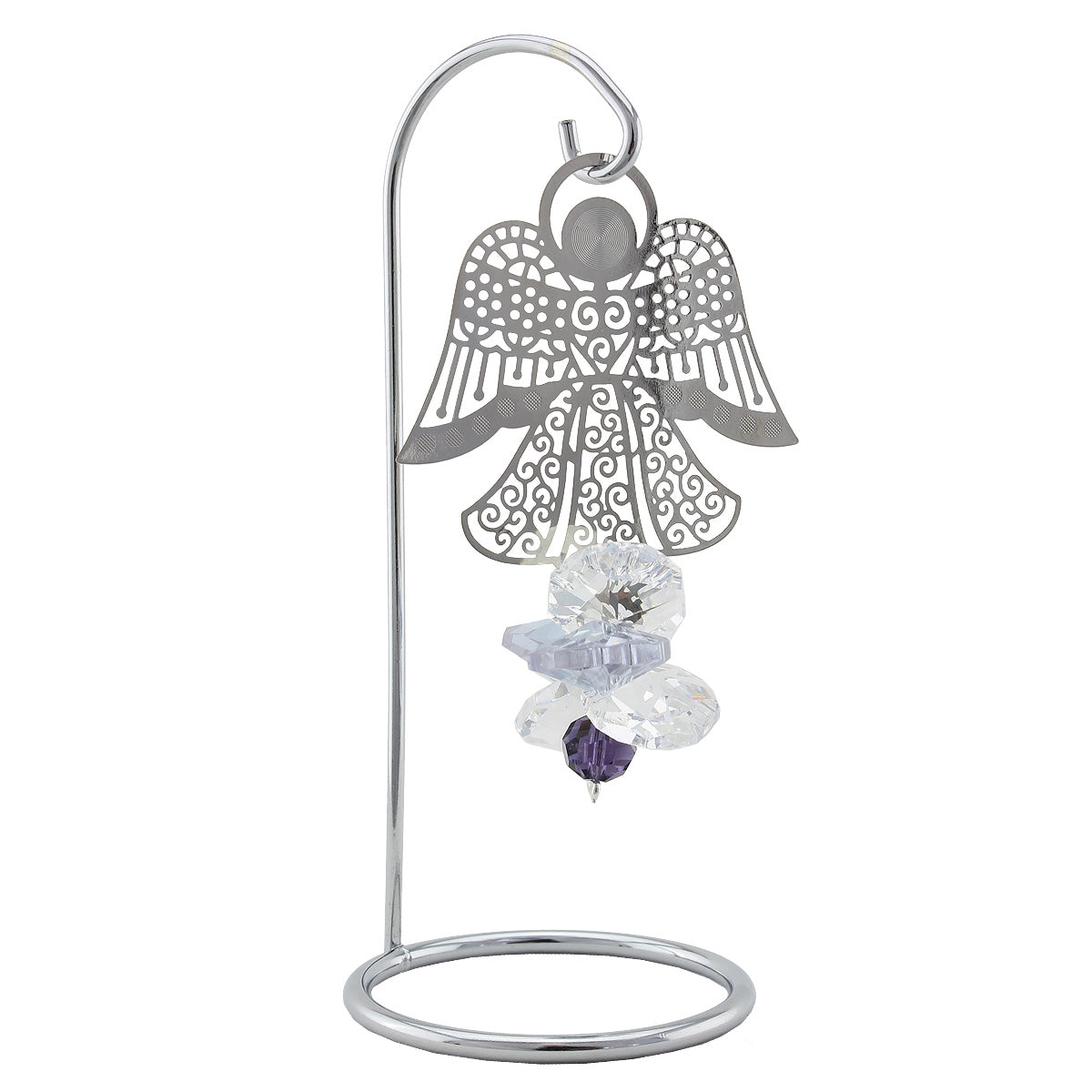 Filigree angel and violet purple crystal suncatcher on a stand