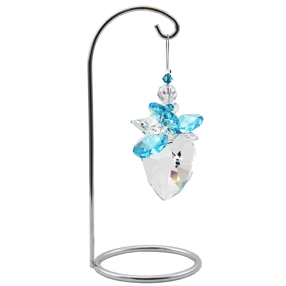 Crystal heart and blue prism suncatcher on a stand