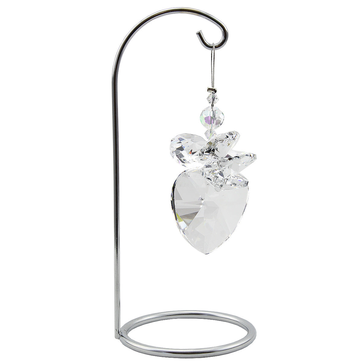 Crystal heart and clear prism suncatcher on a stand
