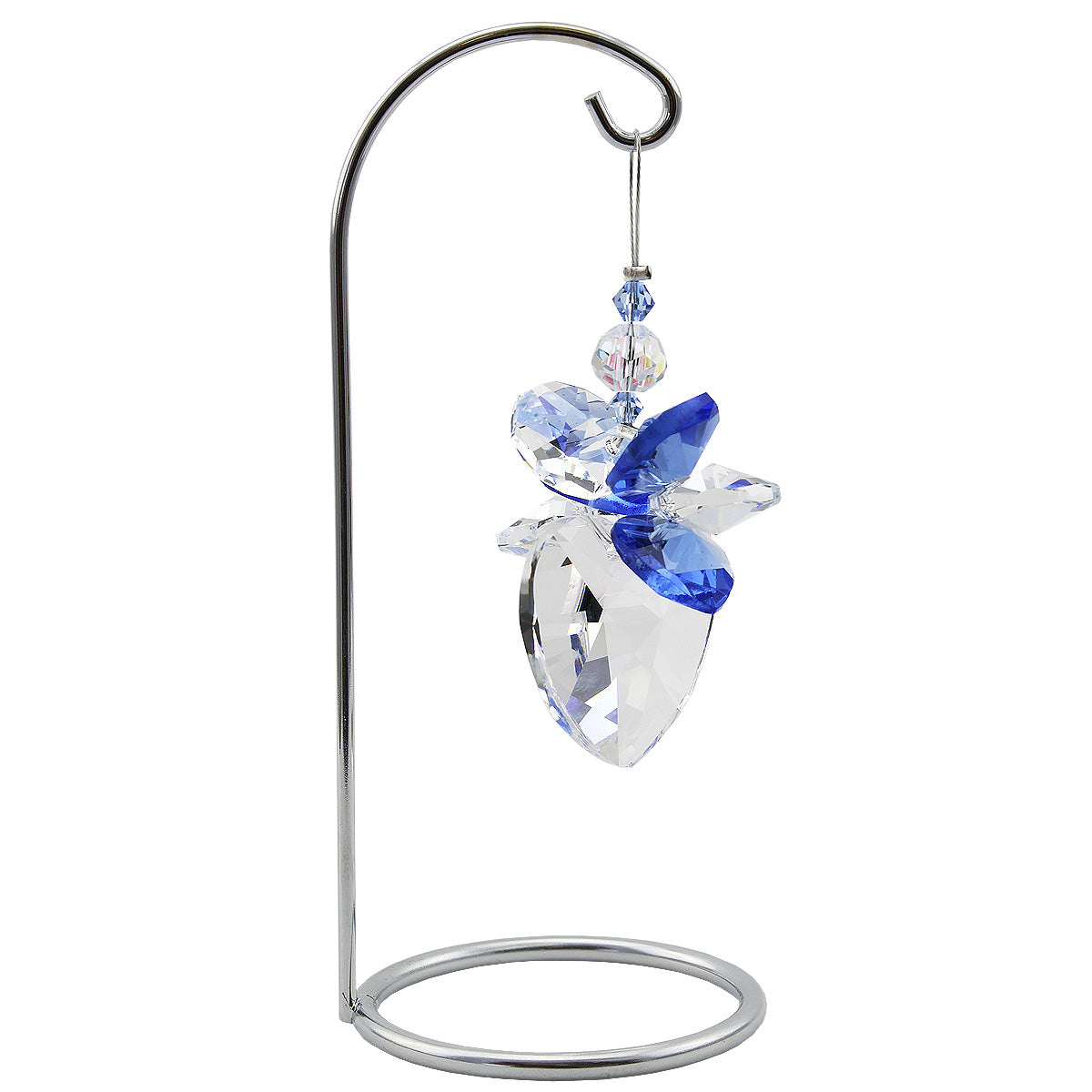 Crystal heart and sapphire blue prism suncatcher on a stand