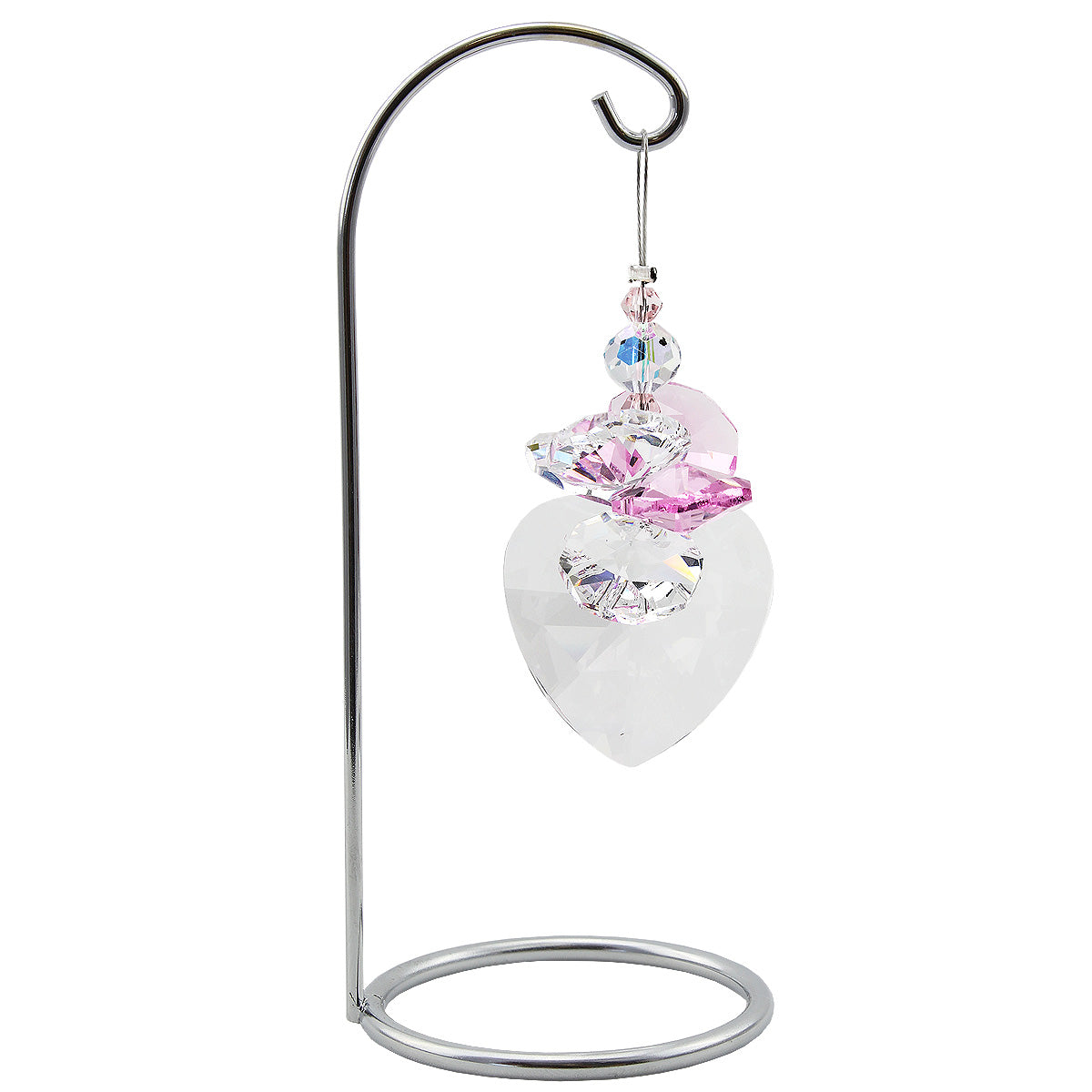 Crystal heart and pink prism suncatcher on a stand