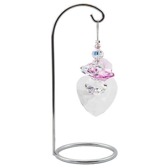 Crystal heart and pink prism suncatcher on a stand
