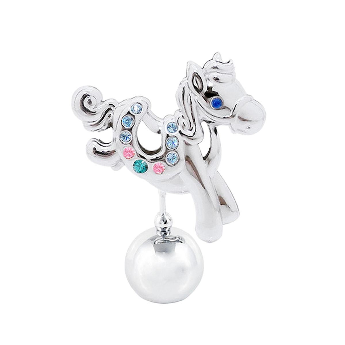 Silver horse-shaped charm with colorful crystals on a white background