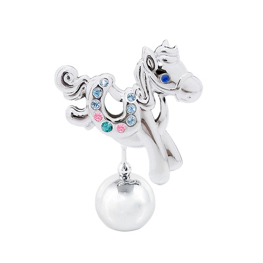Silver horse-shaped charm with colorful crystals on a white background